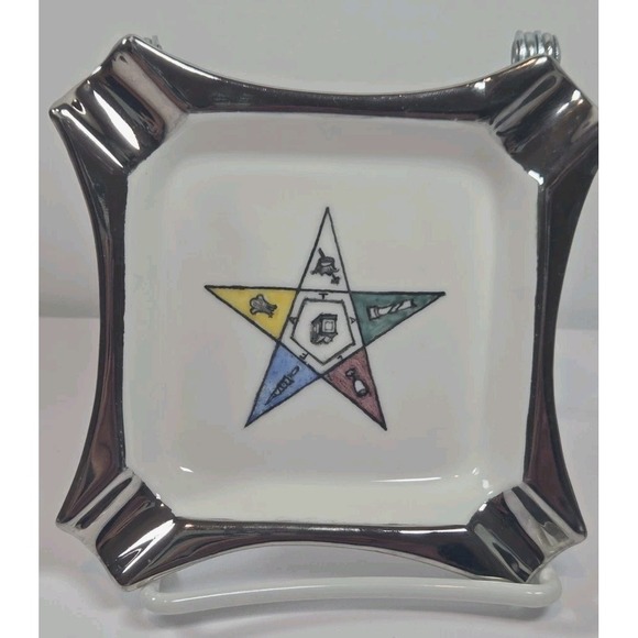 VTG Masonic OES Order of The Eastern Star Ceramic Ashtray W/Silver Trim Signed - Picture 1 of 7